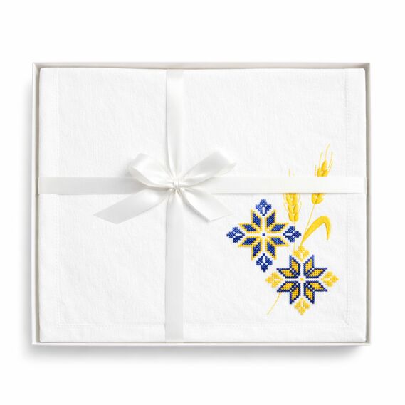 Набір подарунковий преміальний скатертина 150х220 см + 6 серветок 40х40 см з вишивкою у подарунковій упаковці білий, фото 7