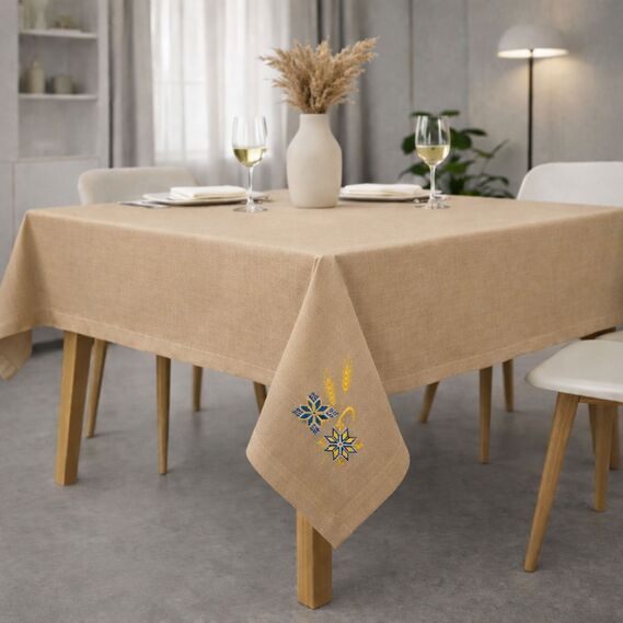 Набор подарочный премиальный скатерть 150х220 см + 6 шт салфеток 40х40 см с вышивкой в подарочной упаковке беж, фото 1