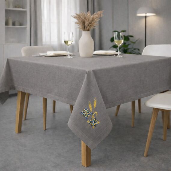 Набір подарунковий преміальний скатертина 150х220 см + 6 серветок 40х40 см з вишивкою у подарунковій упаковці сірий, фото 1