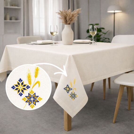 Набір подарунковий преміальний скатертина 150х220 см + 6 серветок 40х40 см з вишивкою у подарунковій упаковці молоко, фото 4