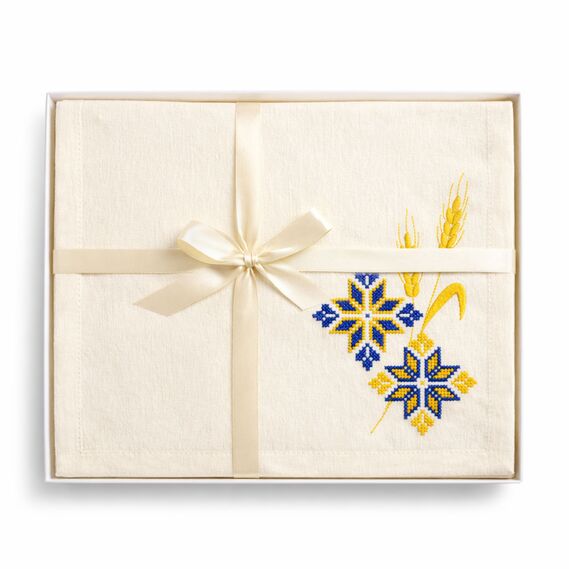 Набір подарунковий преміальний скатертина 150х220 см + 6 серветок 40х40 см з вишивкою у подарунковій упаковці молоко, фото 6