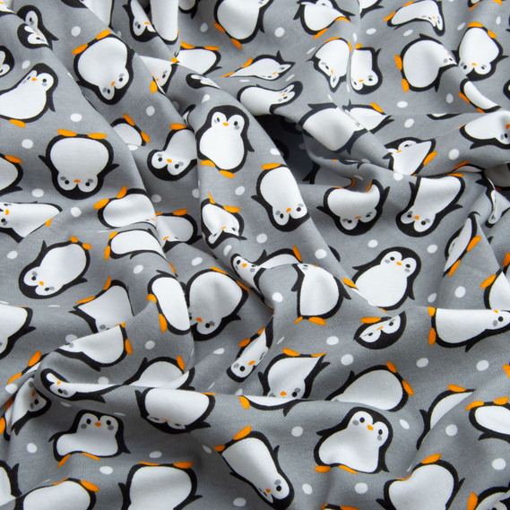 Interlock fabric, knitted fabric, knitwear, 100% cotton, dense, soft, natural, for pajamas, T-shirts, swaddles Пінгвіни на сірому, фото 3
