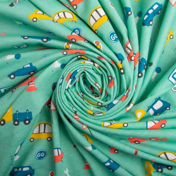 Knitted fabric kulir with children’s print, 150 gsm, 160 cm cotton, soft, natural, for T-shirts, pajamas, and swaddles Автомобілі бірюза, фото 1