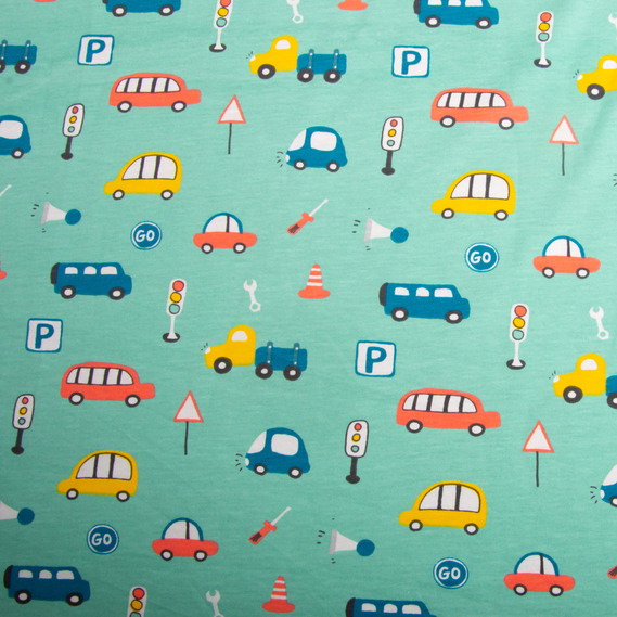 Knitted fabric kulir with children’s print, 150 gsm, 160 cm cotton, soft, natural, for T-shirts, pajamas, and swaddles Автомобілі бірюза, фото 2