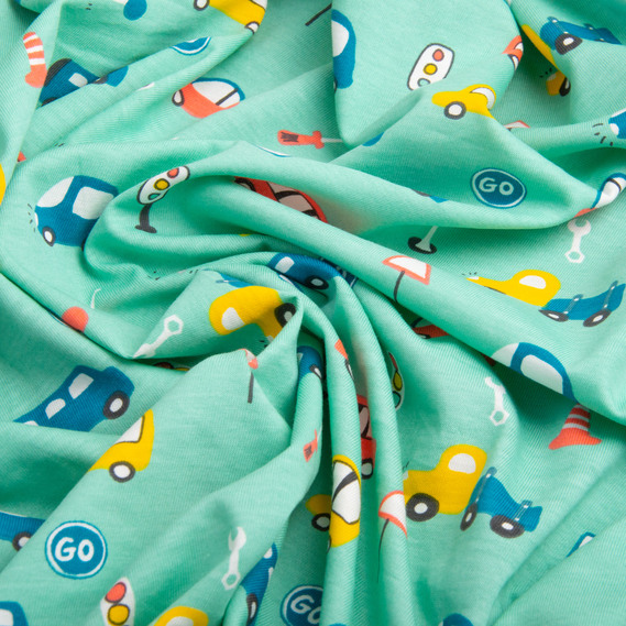 Knitted fabric kulir with children’s print, 150 gsm, 160 cm cotton, soft, natural, for T-shirts, pajamas, and swaddles Автомобілі бірюза, фото 3