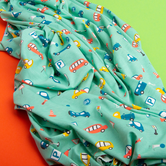 Knitted fabric kulir with children’s print, 150 gsm, 160 cm cotton, soft, natural, for T-shirts, pajamas, and swaddles Автомобілі бірюза, фото 4