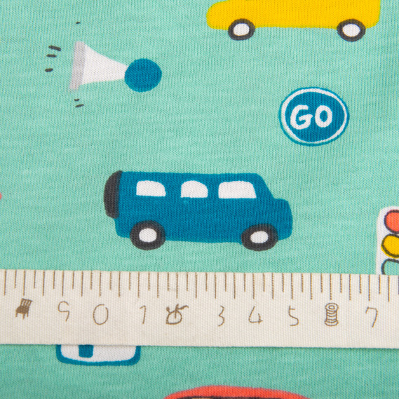 Knitted fabric kulir with children’s print, 150 gsm, 160 cm cotton, soft, natural, for T-shirts, pajamas, and swaddles Автомобілі бірюза, фото 5