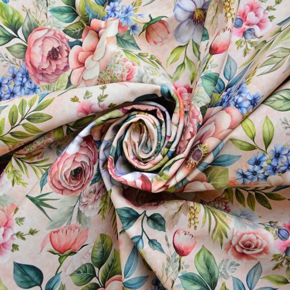 Ткань Панама хлопок 180 см 235 гр/м2 з защитой от пятен, для скатертей, штор, декора  букет пудра, фото 6