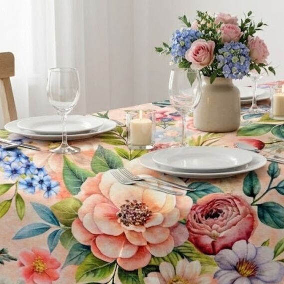 Ткань Панама хлопок 180 см 235 гр/м2 з защитой от пятен, для скатертей, штор, декора  букет пудра, фото 9