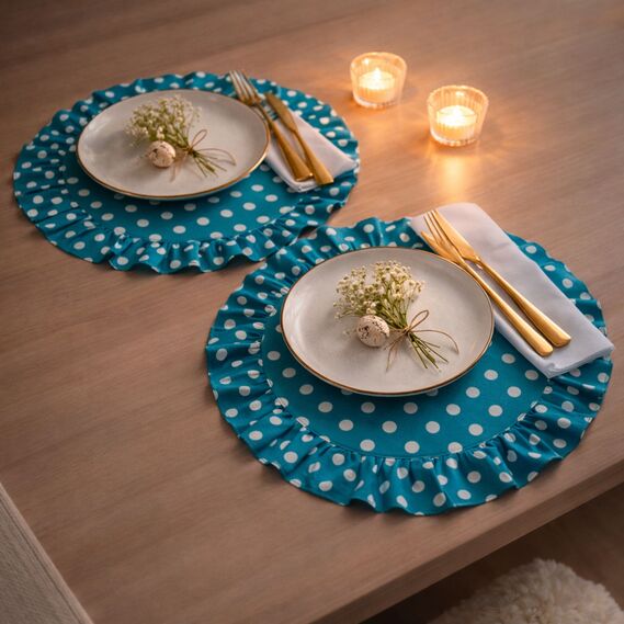 Набор салфеток 2 шт с оборкой IDEIA, 30 см, хлопок, для дома, кафе, для сервировки стола бірюза горошок, фото 3